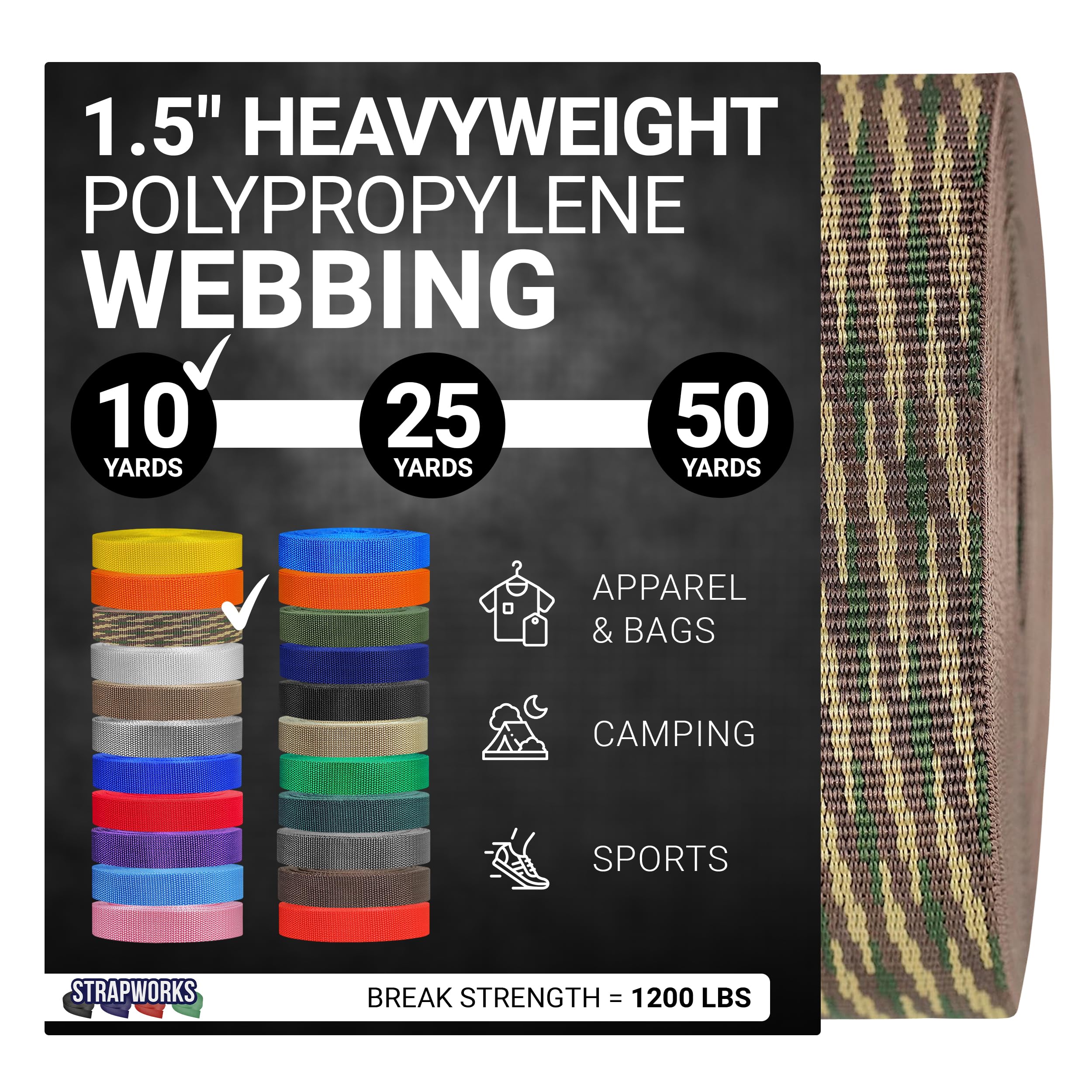 Strapworks Heavyweight Polypropylene Webbing - Heavy Duty Poly Strapping for Outdoor DIY Gear Repair, 1.5 Inches