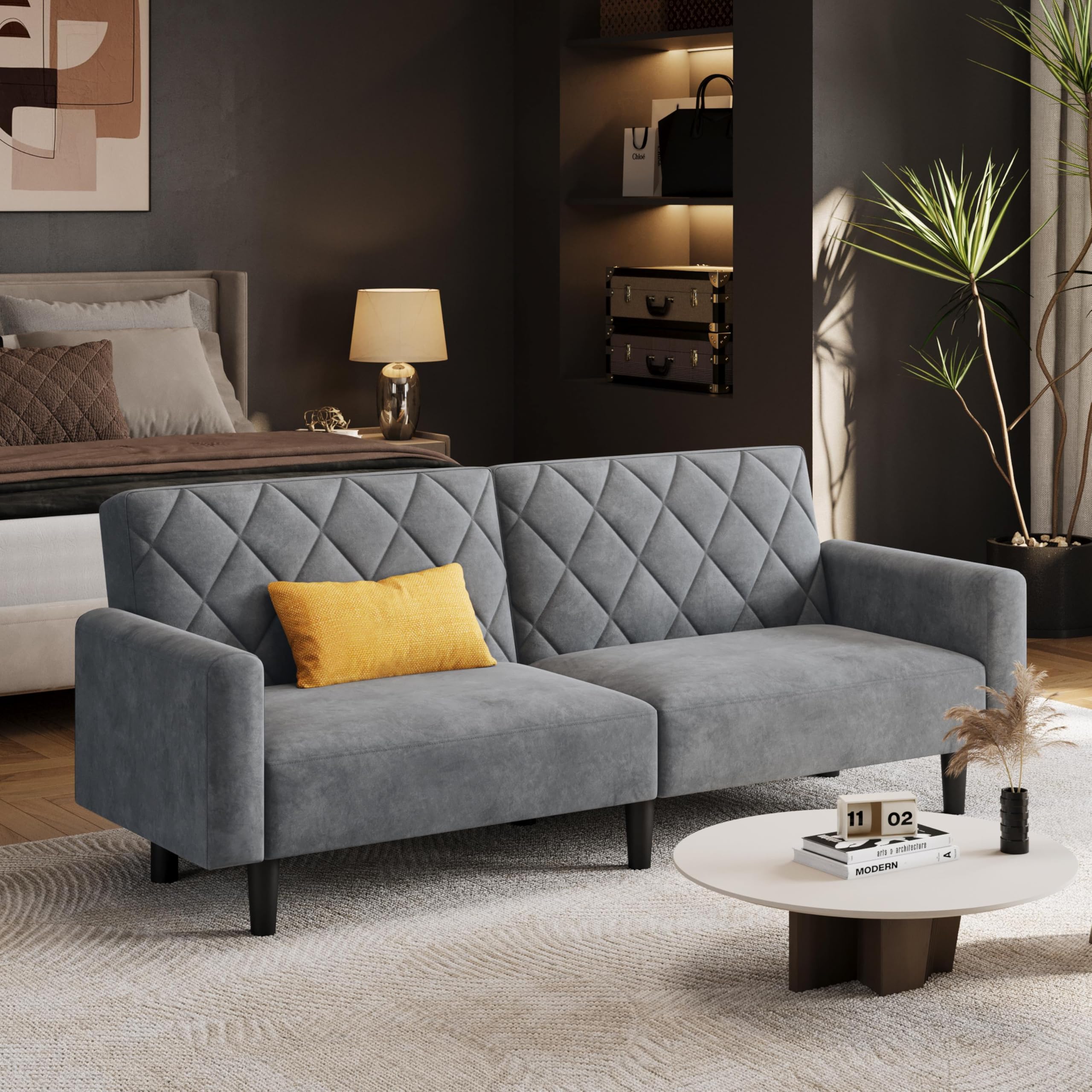 Yaheetech 2 Sitzer Sofa mit Schlaffunktion, 159cm Sofabett aus Samtstoff, Kleine Schlafcouch, 140,5 × 94 cm Liegefläche, für Wohnzimmer/Schlafzimmer, Dunkelgrau