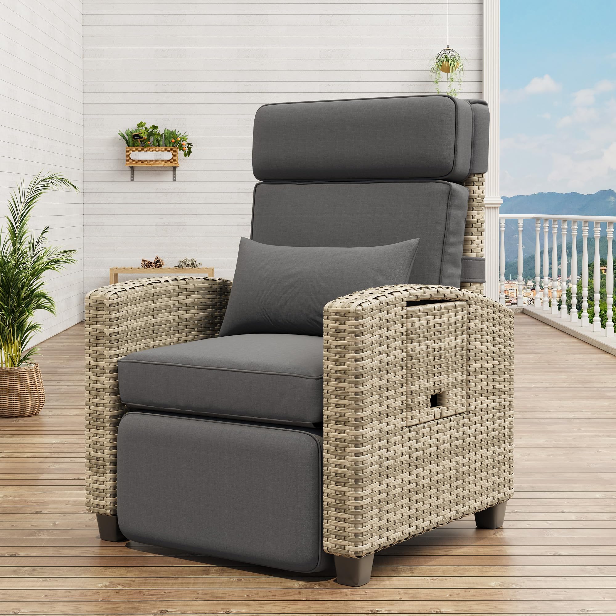 Garvee Outdoor Recliner Chair, 145° Adjustable Backrest & Footrest Lounge Chair with Removable Cushion and Flip-Up Side Table, All-Weather PE Wicker & Steel Frame for Poolside, Deck, Balcony, Grey ( 2 box total)