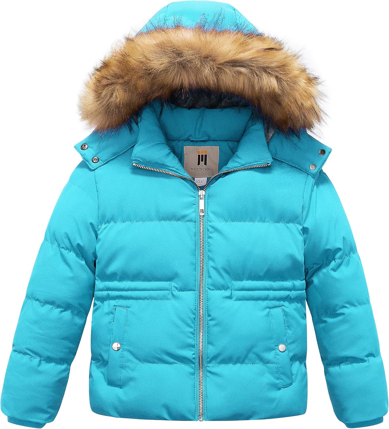 CREATMO US Girl's Kids Metallic Shiny Jacket with Detachable Fur Collar Warmth Winter Outerwear