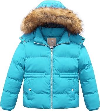 CREATMO US Girls Kids Metallic Shiny Jacket with Detachable Fur Collar Warmth Winter Outerwear