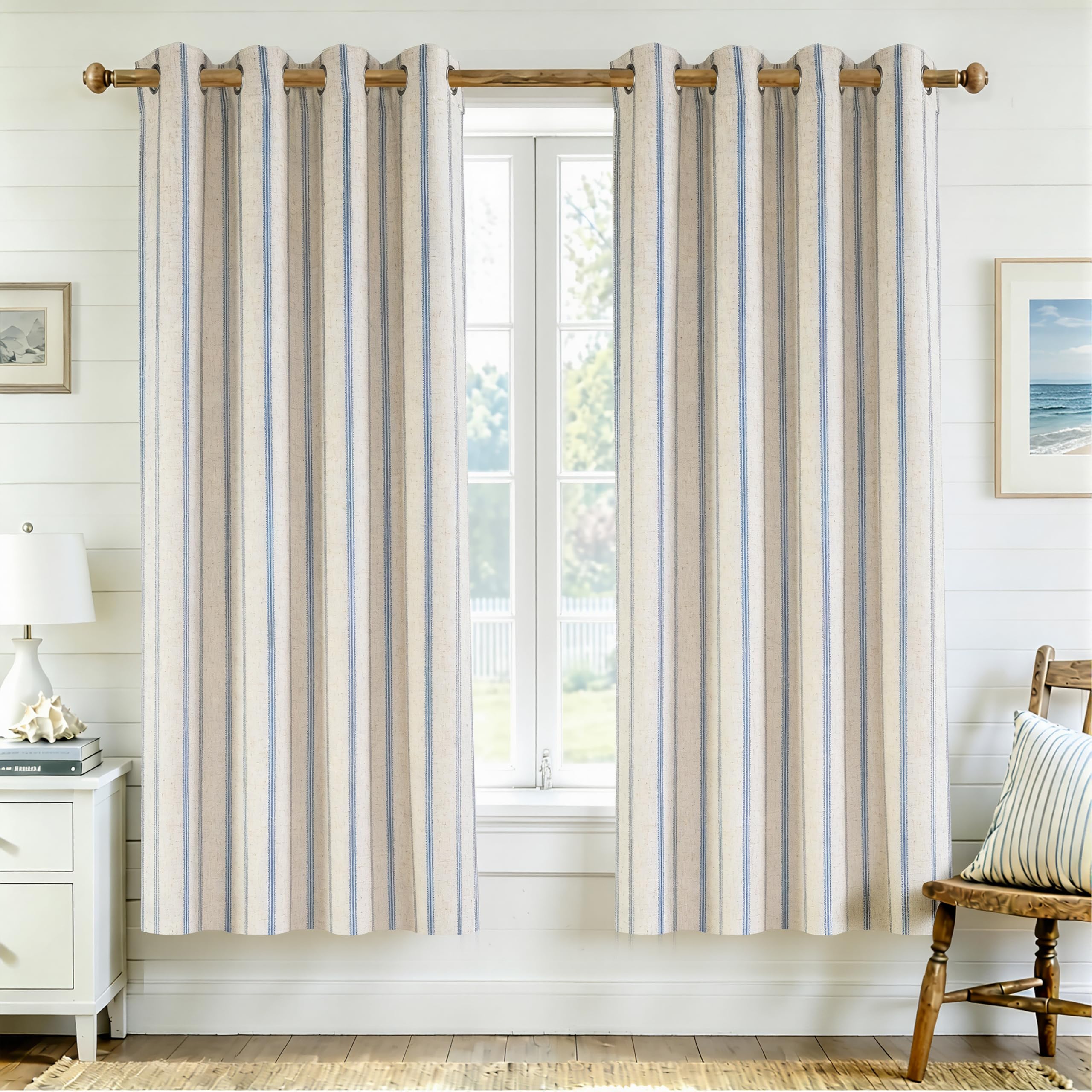 Driftaway G Navy Stripe Farmhouse Linen Blend Blackout Curtains 63 Inches Long For Bedroom Vertical Striped Printed Linen Curtains Thermal Insulated Lined Treatments For Living Room 2 Panels W52 X L63 Navy