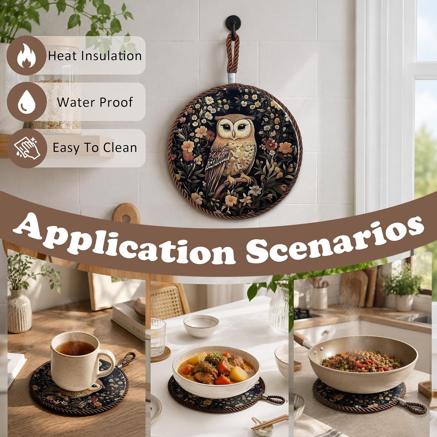 Vintage Owl Flower Ceramic Trivets for Hot Dishes