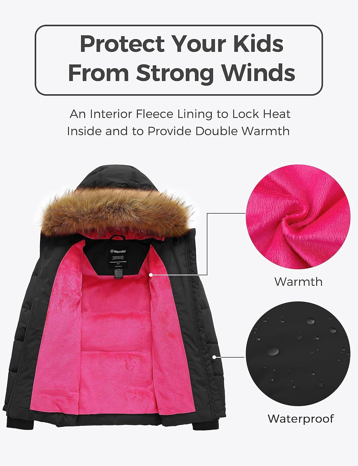 wantdo Girls' Winter Coat Warm Waterproof Puffer Jacket with Removable Faux Fur Hood - Image 5