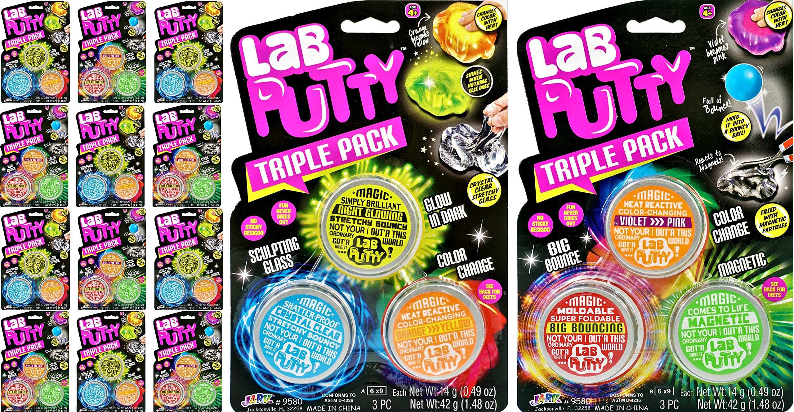 JA-RU Lab Putty Bundle Set (12 Pack, 36 Units Assorted) Glow in The Dark Slime, Clear, Bouncing, Magnetic, Color Changing Putty for Kids Slime Party Favors. 9580-12p