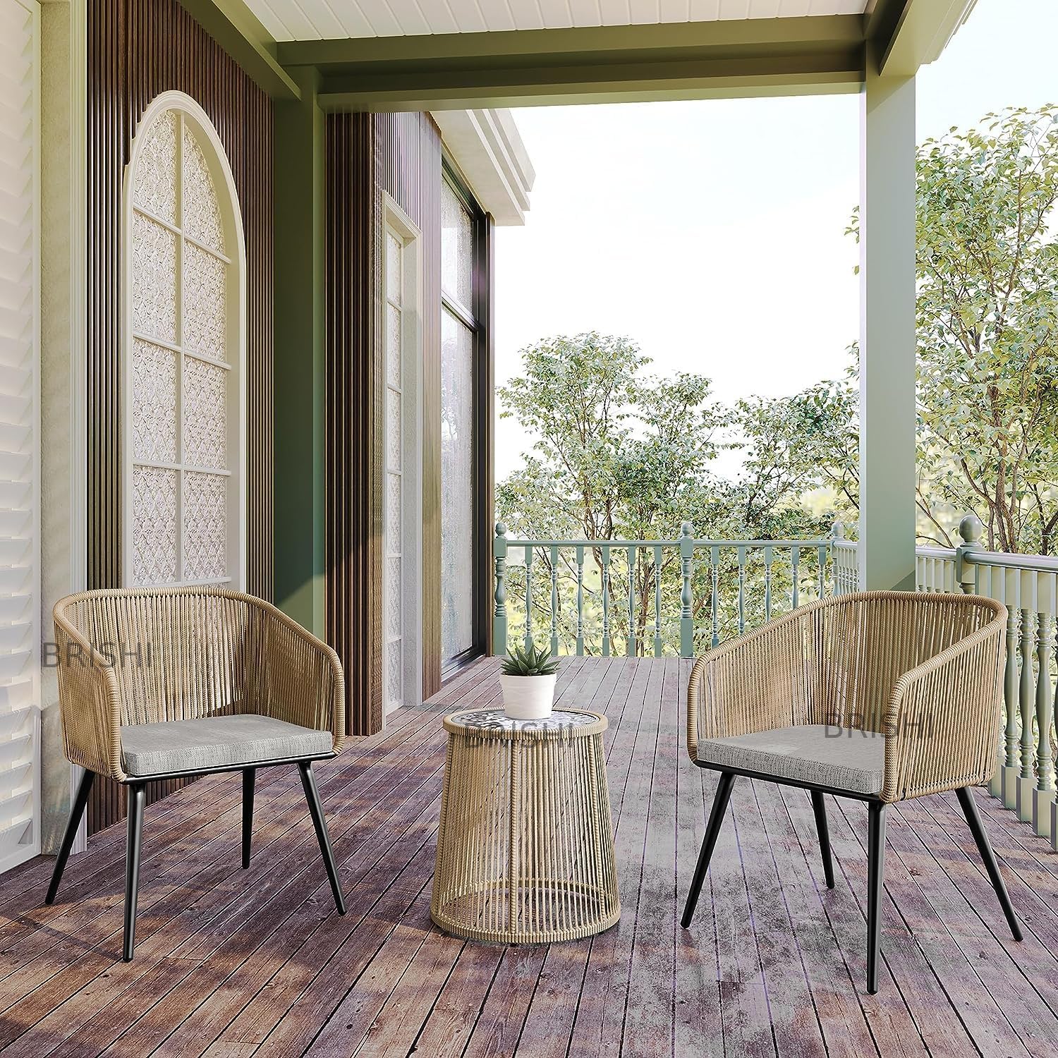 BRISHI Garden Patio Seating Chairs and Table Set Outdoor Balcony Garden Coffee Table Set Furniture with 1 Table and 2 Chair Set Braid & Rope (Brown)-image-38