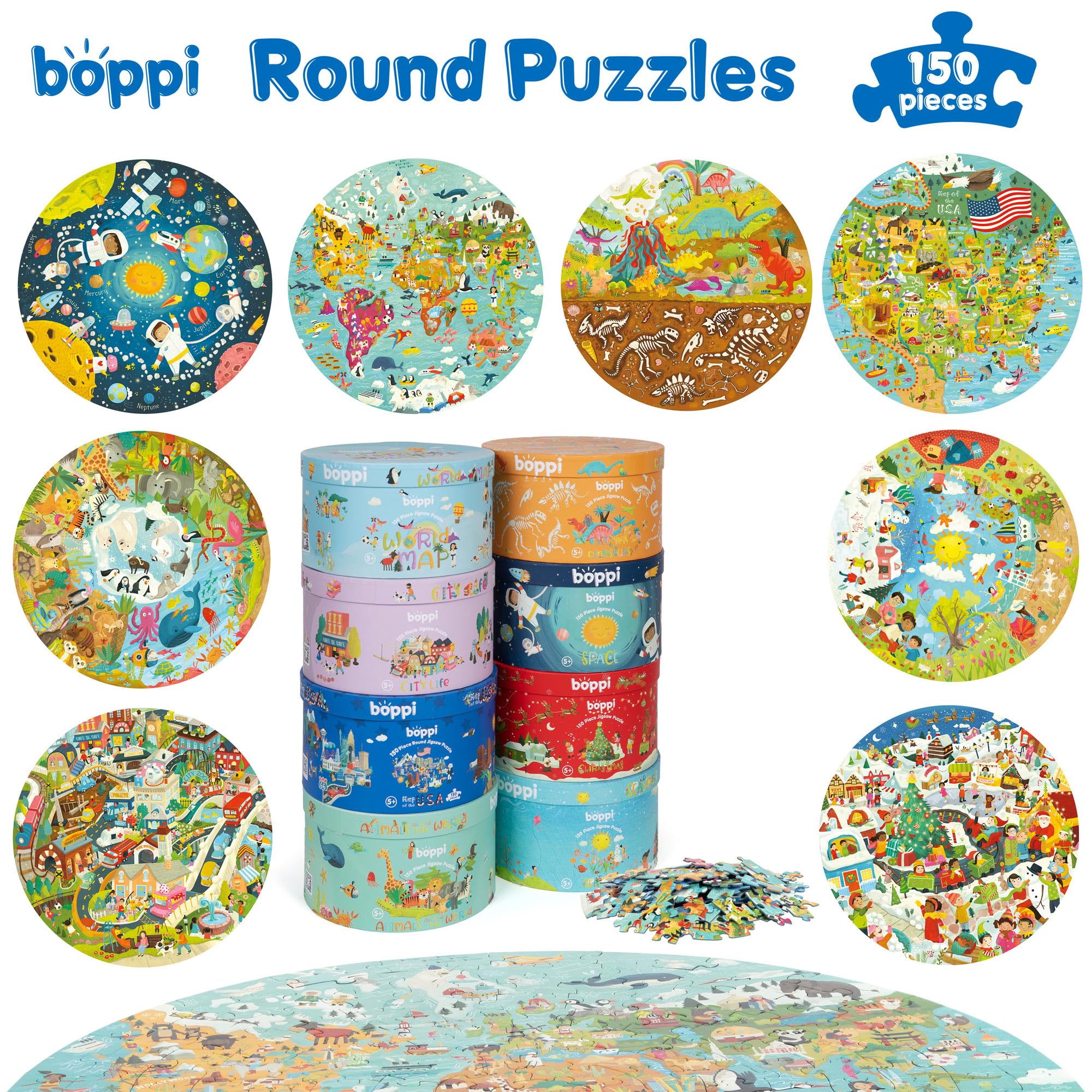 boppi puzle para niños Circular del mapamundi Hecho de cartón 100% Reciclado de 150 Piezas con Animales, para niños de 3, 4, 5, 6, 7 y 8 años, 58 cm de diámetro