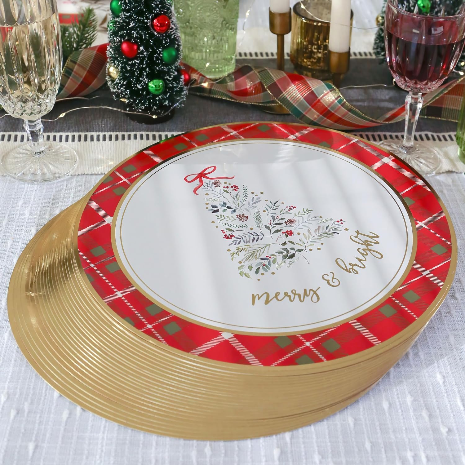 Kate Aspen 13" Disposable Holiday Placemats/Chargers, 24-Pack – Spillproof & Durable Merry & Bright Christmas Tree Design & Festive Red & Green Plaid Border image 4
