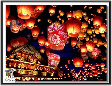 Amazon Artomo アトモ パズル油絵 フレーム付き 数字 油画 Diy 塗り絵 本格的な油絵が誰でも簡単に楽しく描ける 40x50cm 台湾平渓 スカイランタン ぬりえ おもちゃ