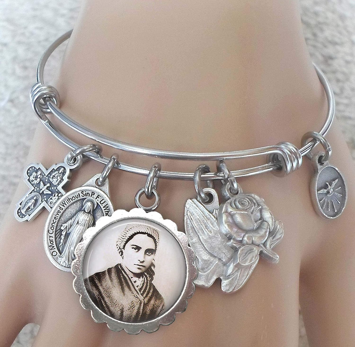 St. Bernadette Soubirous Bangle Bracelet, Patron Saint Charm Jewelry, Catholic Confirmation Gift, 4 Sizes Extra Small to Large