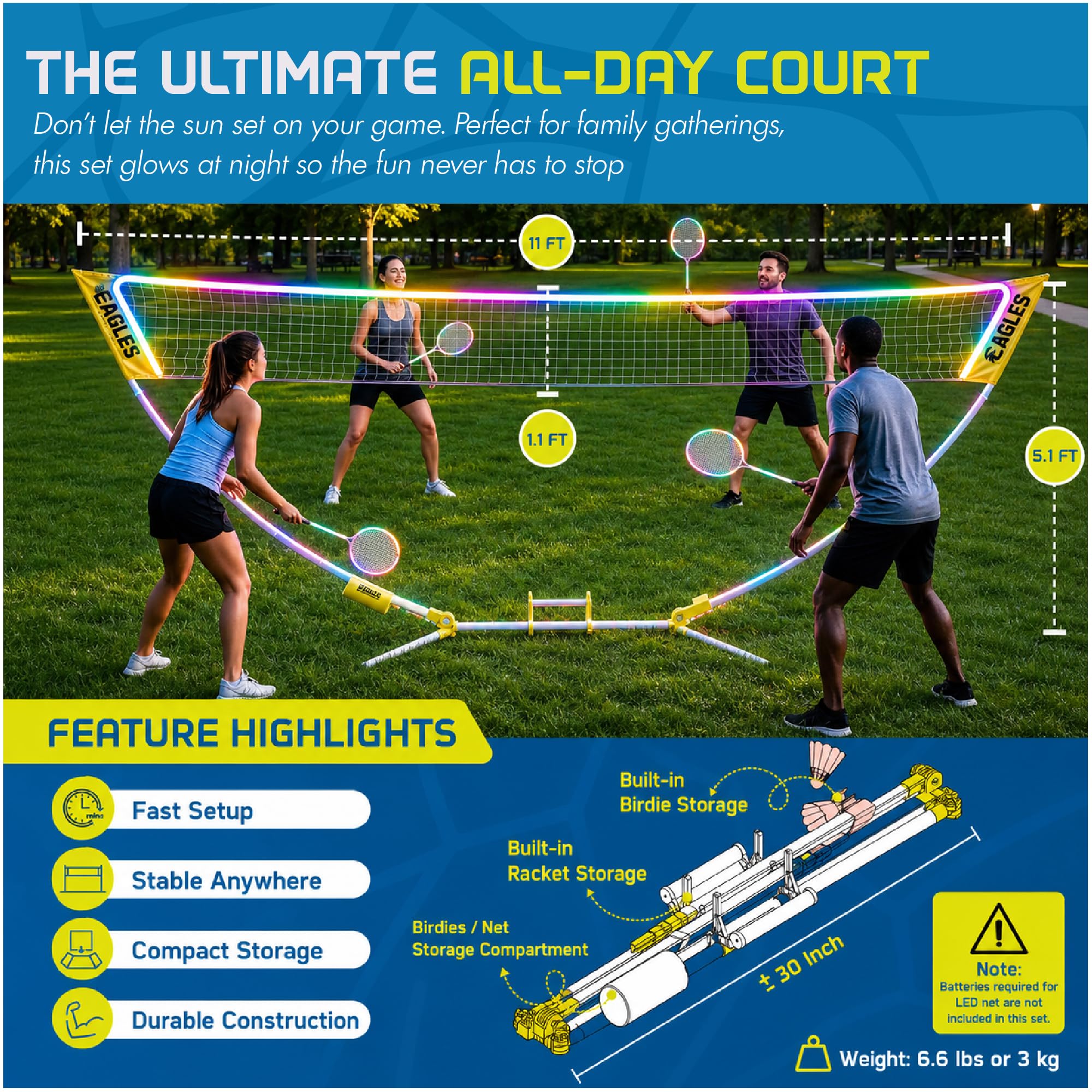 Komplettes tragbares Badminton-Set – schnelle und einfache Einrichtung – 4 Schläger, 2 Federbälle, 1 Netz & Badmington Stangenrahmen für Hinterhof, Park & Strandspiele, Indoor Outdoor