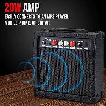 LyxPro Electric Guitar Amp 20 Watt Amplifier Built in Speaker Headphone Jack and Aux Input Includes Gain Bass Treble Volume and Grind - Black