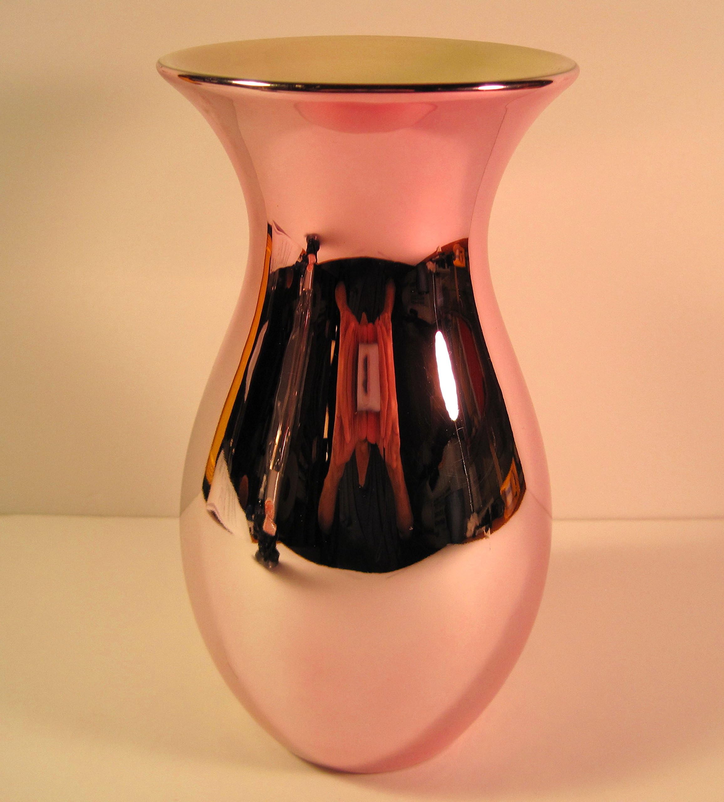 Vase, Pink Mirrored-Finish (NO Design on vase), with Glazed Cream-Colored Interior, Ceramic 8 Inches