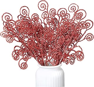 Ysleen 50 Pieces Christmas Tree Picks and Sprays Glitter Artificial Stem Picks Ornaments Decorative Candy Shape Curly Sticks Spray Twigs for Christmas Wedding Holiday Party Wreath Home, 12 Inch (Red)