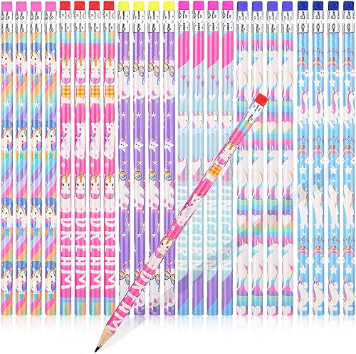 Lápices Rainbow HB Unicorns, lápices de grafito borrables con borradores para niños, recuerdos de fiesta de unicornio (paquete de 36)