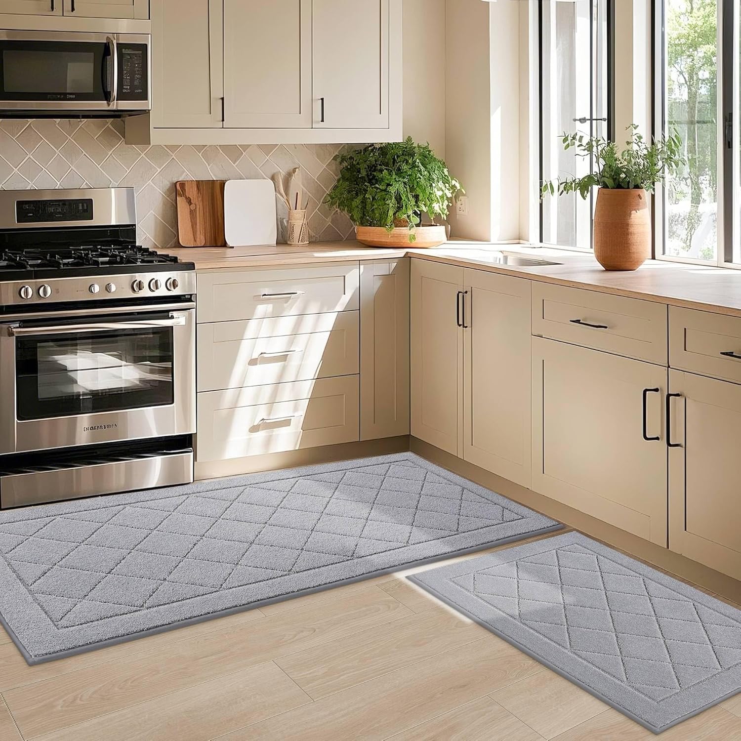 JSEI Non-Slip Kitchen Rugs, Self Adhesive No Sliding Kitchen Mats Set of 2, Soft Washable Absorbent Floor Mat for Kitchen, Bathroom, Laundry Room, Bedroom, 24x36+24x60, Light Grey, Diamond Pattern