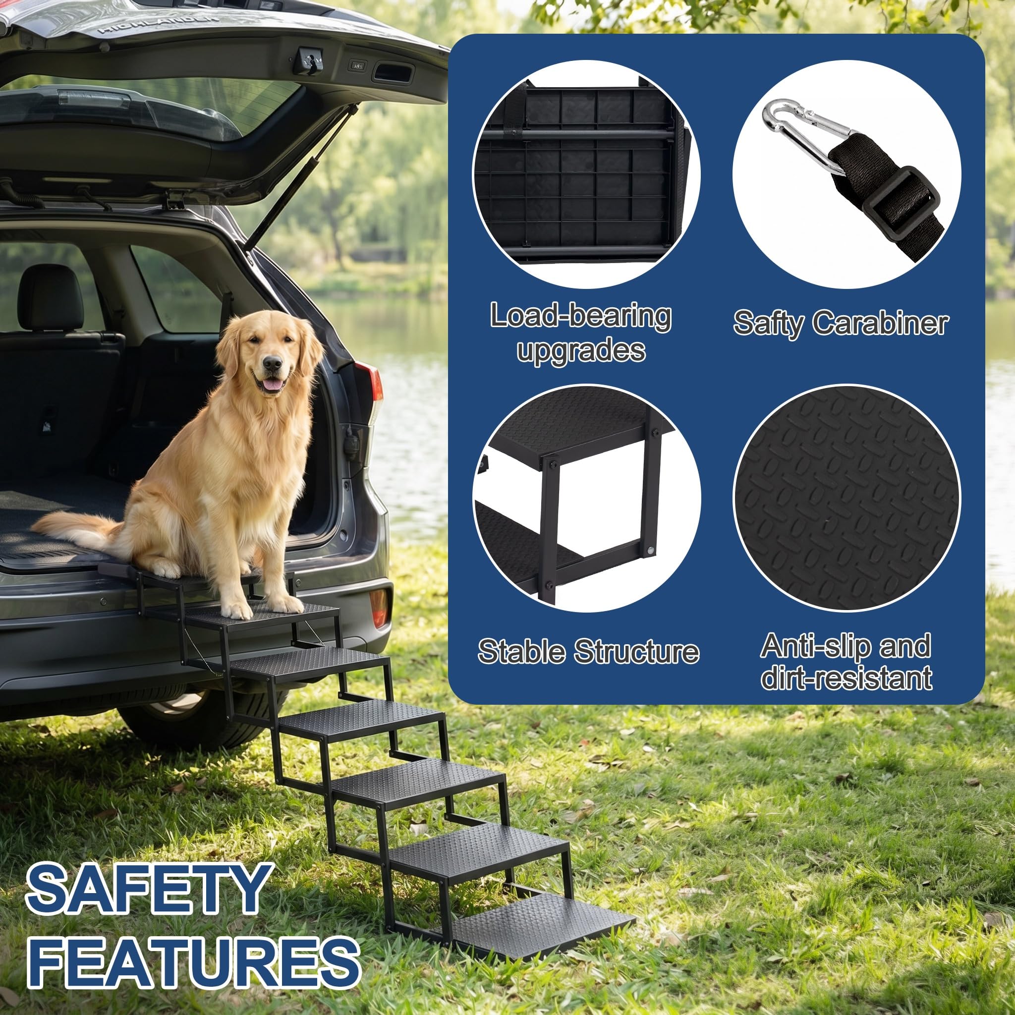 Escalier Pliable pour Chien - pour Grands Chiens (jusqu'à 113 kg) et Vieux Chiens - Aide à l'entrée en Voiture - pour SUV, Camion, Coffre - avec Insert antidérapant - 7 marches