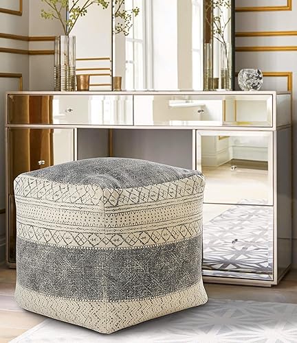 Miniatura 4 de LR Home Puf rústico geométrico hecho a mano, beigegris, 20 x 20 x 20 pulgadas