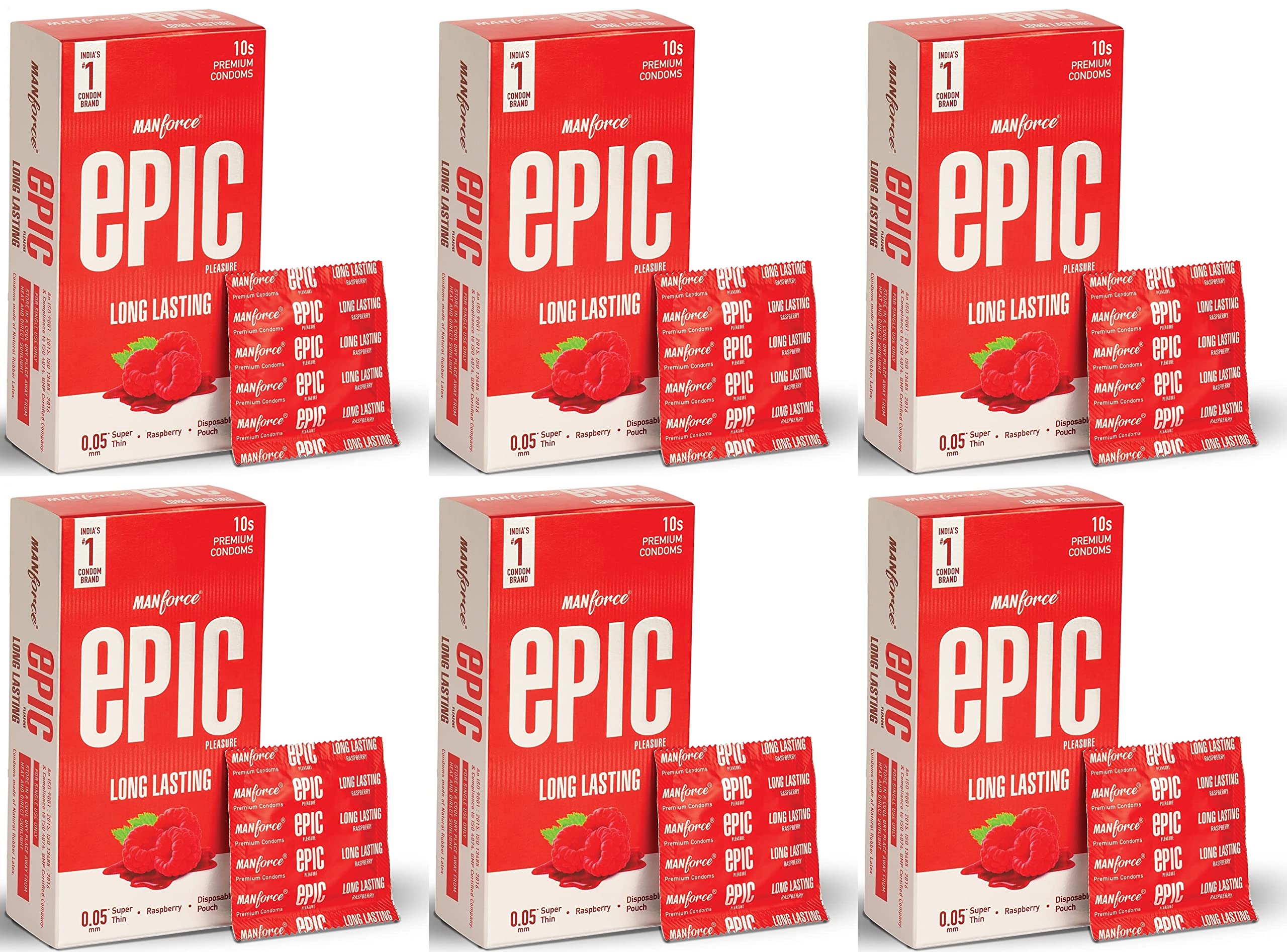 Manforce Epic Pleasure Long Lasting Premium Condoms for Men, Super Thin, Raspberry Flavour, Disposable Pouch (10 Counts) x pack of 6-image-47