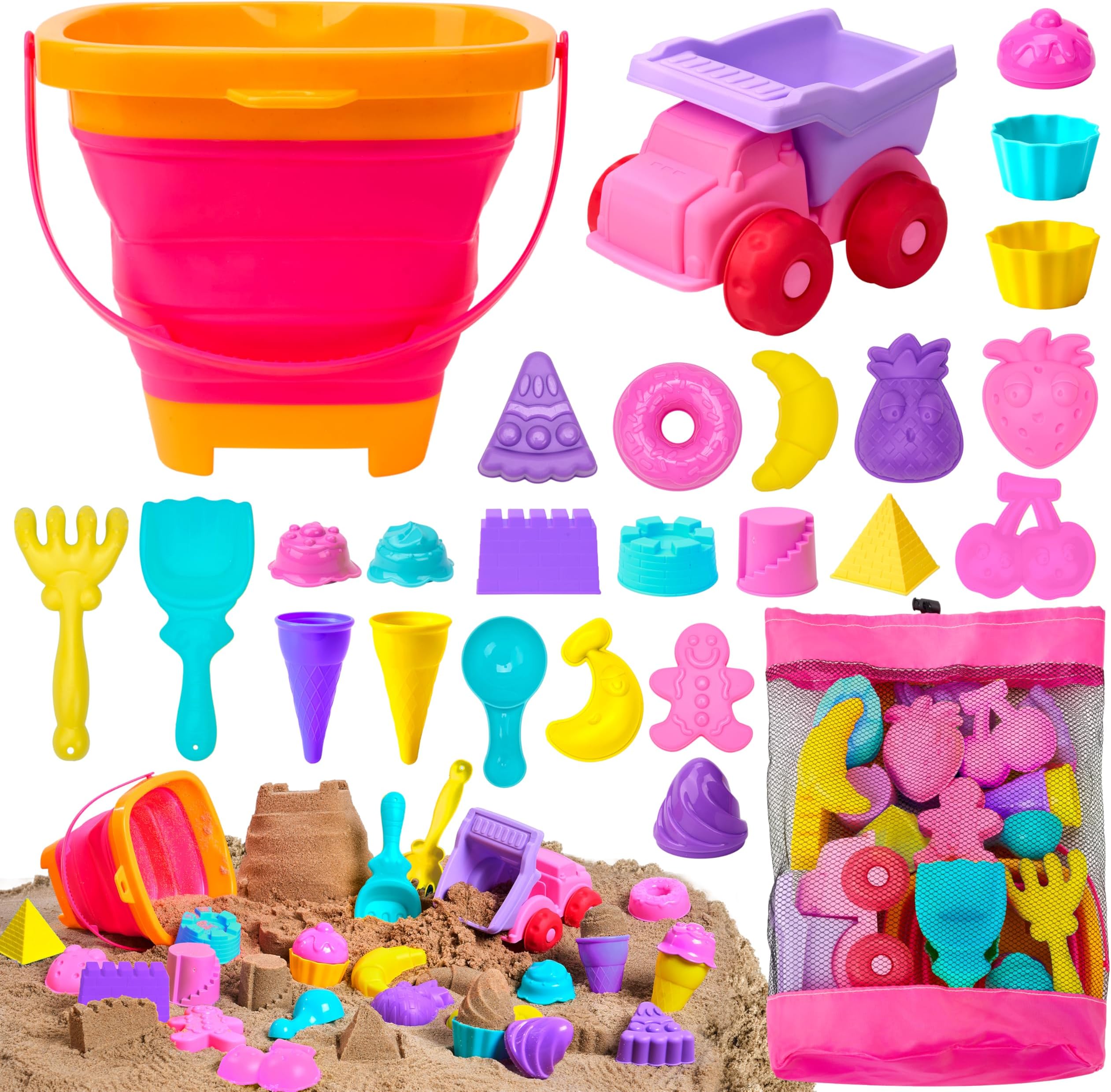 Sloosh Beach Sand Toys Set - Pink Dump Truck Car Toy with Sand Molds, Collapsible Buckets Mesh Bag Shovels Castle Ice Cream Mold for Ages Kids Toddlers Sandbox Toys Gifts Travel Vacation (Foods)