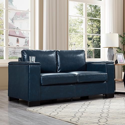 Miniatura 4 de Sofá de cuero azul de 67.7 pulgadas con portavasos, moderno y cómodo sofá de dos plazas tapizado de mediados de siglo con reposabrazos de