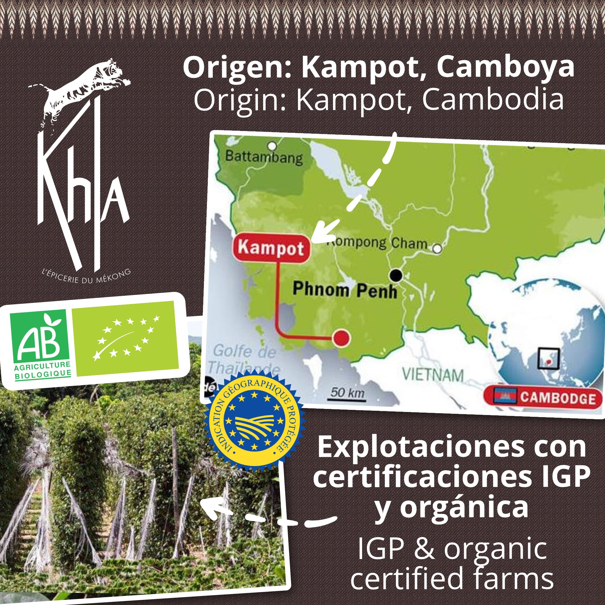 Khla - Set de 3 Pimientas de Kampot - Pimienta Negra, Blanca y Roja - 3 x 120g - Set Regalo Especias de Cocina - Pack Pimentas Gourmet - Regalo para Mujer, Hombre - Origen Camboya