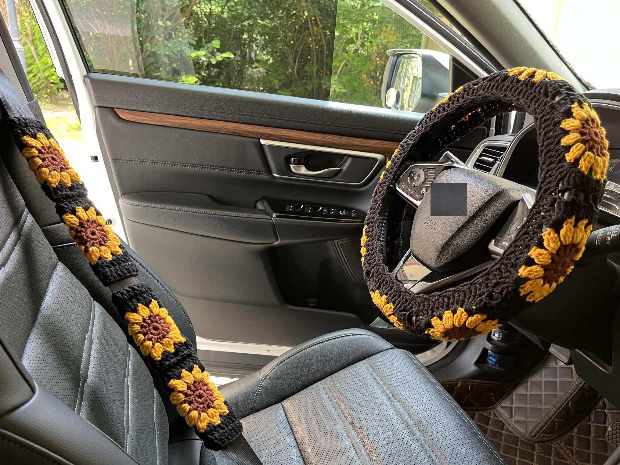 Handmade Crochet Sunflower Flower Steering Wheel Cover Black Universal 14-15 inch for Women/Men (Steering Wheel Cover+2 Belt Cover)