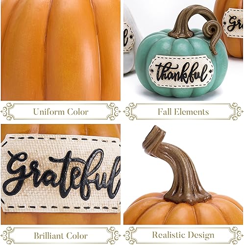 Miniatura 5 de Valery Madelyn Decoración de mesa de otoño de calabazas para el hogar, juego de 3 figuras decorativas de calabazas de resina, decoración de centros