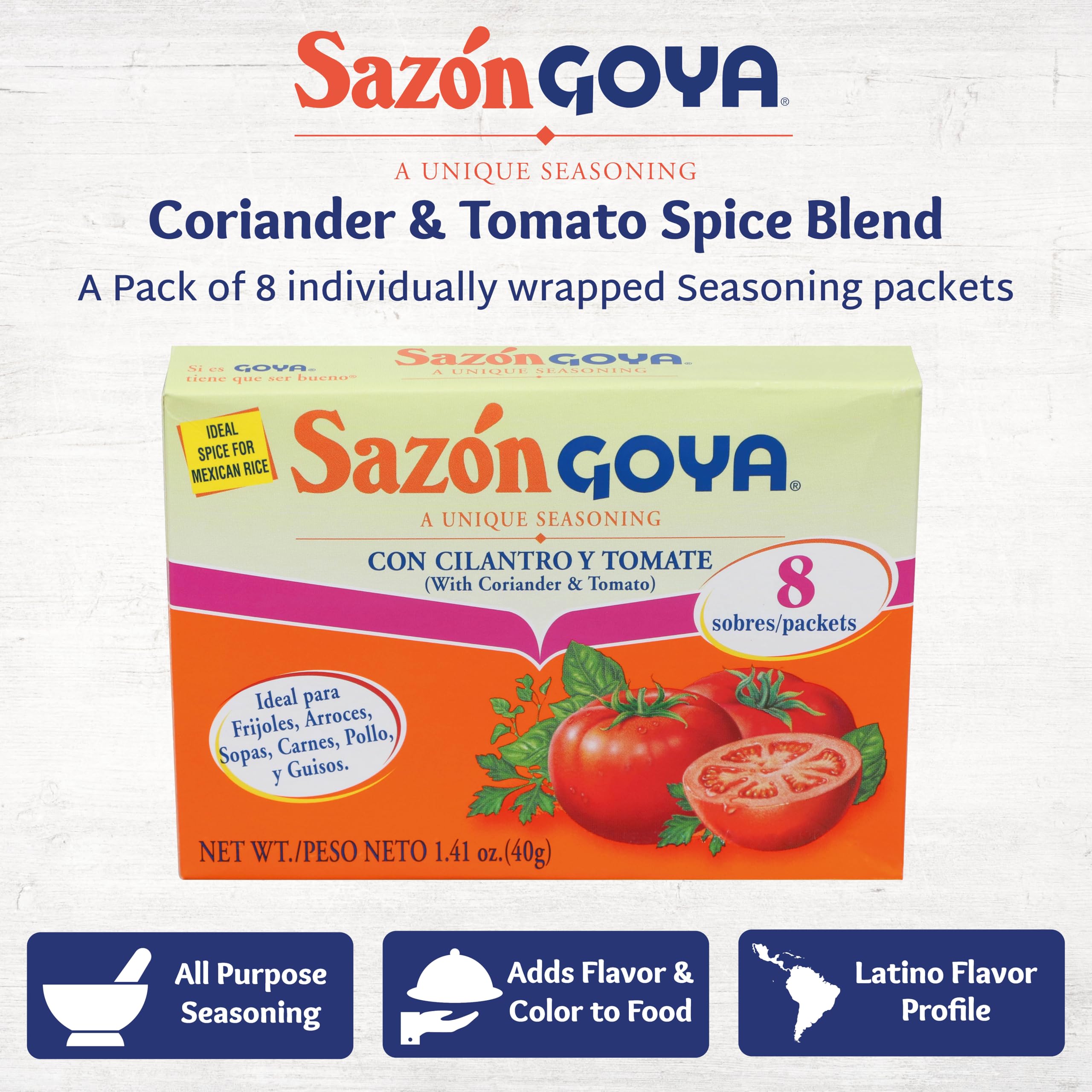 Sazón with Cilantro and Tomato by Goya, Latin Spice Blend for Poultry, Seafood, Meat and Vegetables, All Purpose Mexican Seasoning 1.41oz Carton