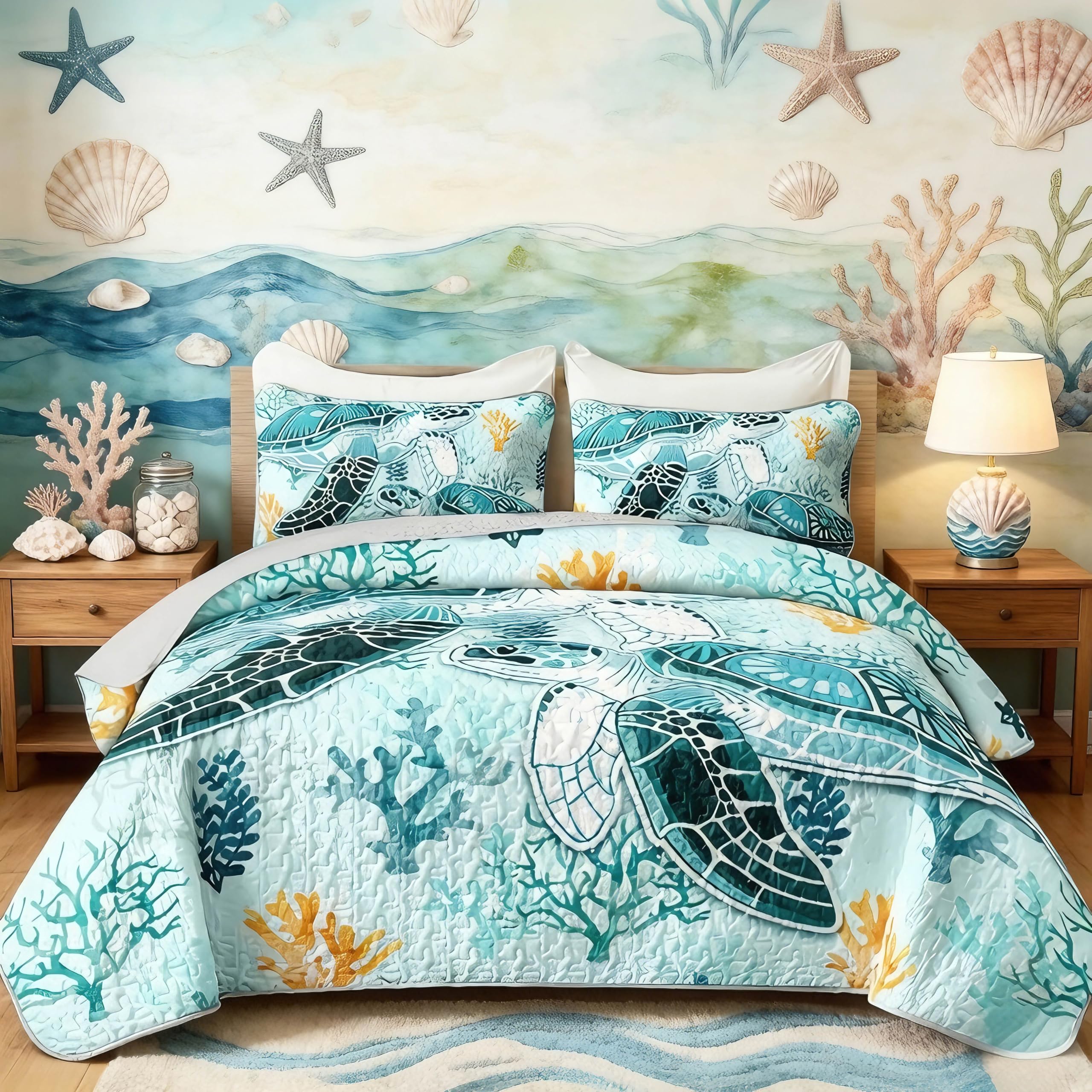 Couette légère tortue de mer thermorégulatrice avec 2 taies d'oreiller