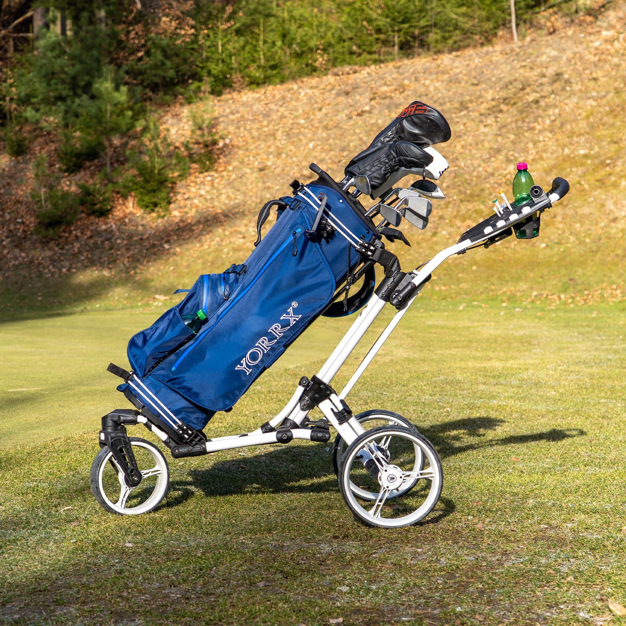 Sac de golf sur pied - Imperméable - Léger (2,4 kg) - 9 compartiments pour raquettes - Support pour téléphone portable - Compartiment isotherme - Bleu foncé - Unisexe