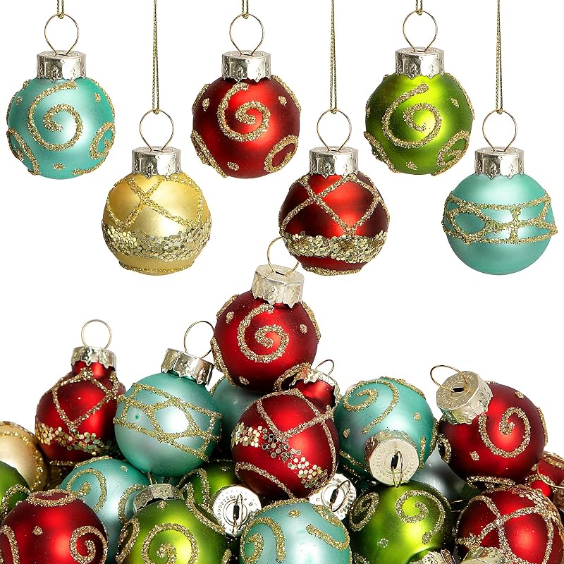 24 Pcs Christmas Mini Glass Ball Ornaments, Mini Glitter Xmas Hanging Balls | 1" Multicolor Christmas Vintage Ball Hanging Decoration, Red Green Gold Blue Glass Small Ball Tree Decor for Xmas Home Party
