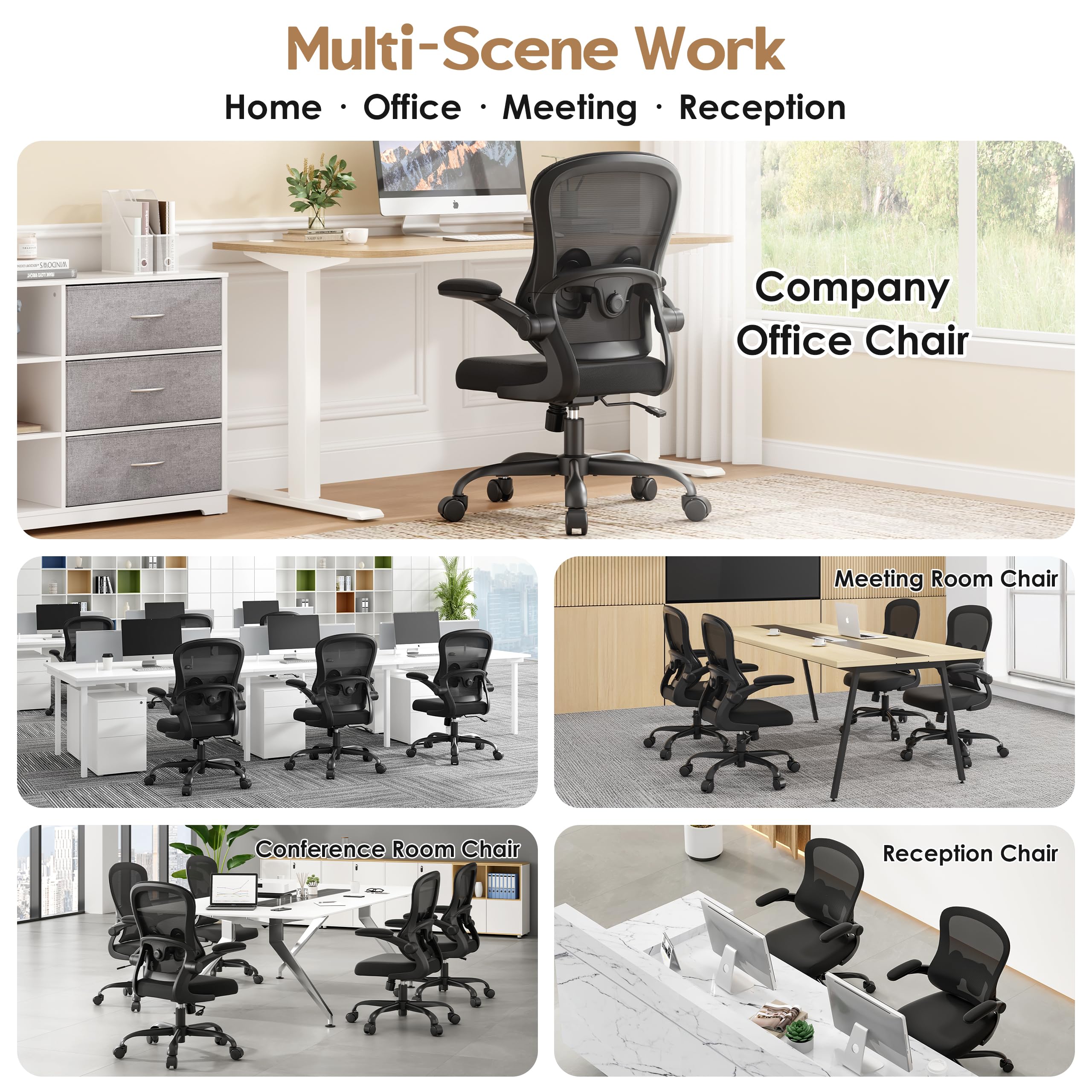 Farini Sedia da ufficio ergonomica in rete, braccioli pieghevoli, supporto lombare regolabile, girevole a 360°, ruote, per casa e scrivania, nera