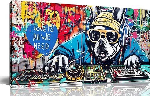 Zoyotago Lienzo grande para pared, diseño de graffiti de Banksy, divertido cuadro de DJ perro listo para colgar, para sala de estar, dormitorio, Zoyotago Lienzo grande para pared, diseño de graffiti de Banksy, divertido cuadro de DJ perro listo para colgar, para sala de estar, dormitorio,