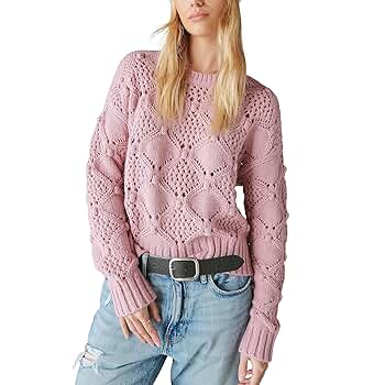 トップス LINKS CHECK KNIT PULLOVER Lucky Brand Women's Open Stitch Pullover Sweater at Amazon