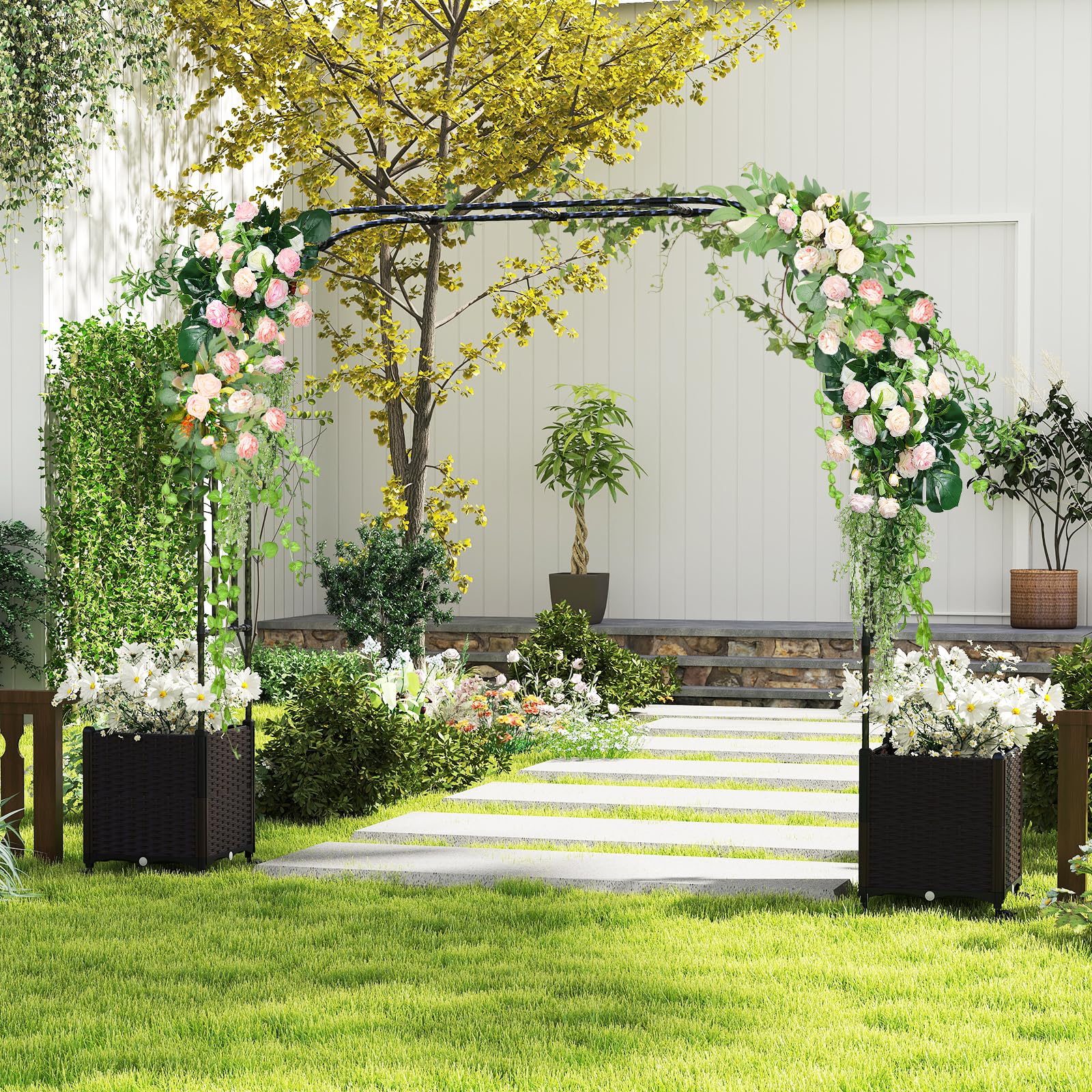 GOPLUS Rosenbogen mit Pflanzkästen, Gartenbogen mit Metallrahmen, selbstbewässernden Pflanzkästen mit Rollen, Torbogen Garten, Rosen Rankhilfe, Pergola mit Blumenkasten (288 x 40 x 202 cm)