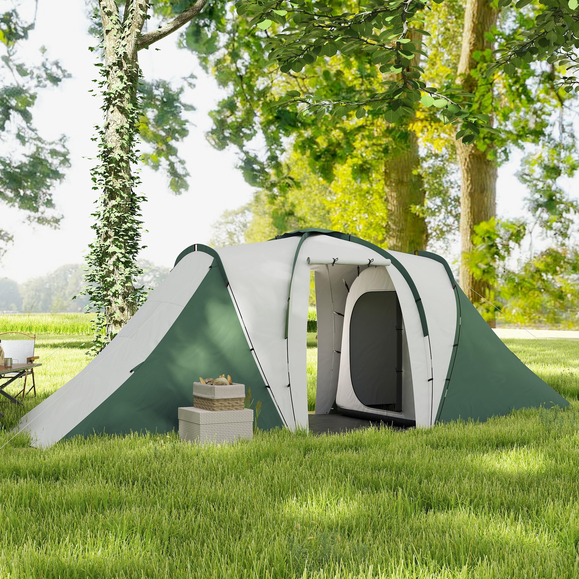 Outsunny Tenda da Campeggio 4-6 Persone con 2 Camere e Zona Soggiorno, Tenda da Esterno a 2 Porte, Resistente all'acqua e ai Raggi UV, con Borsa da Trasporto, 555x225x190 cm, Grigio e Verde