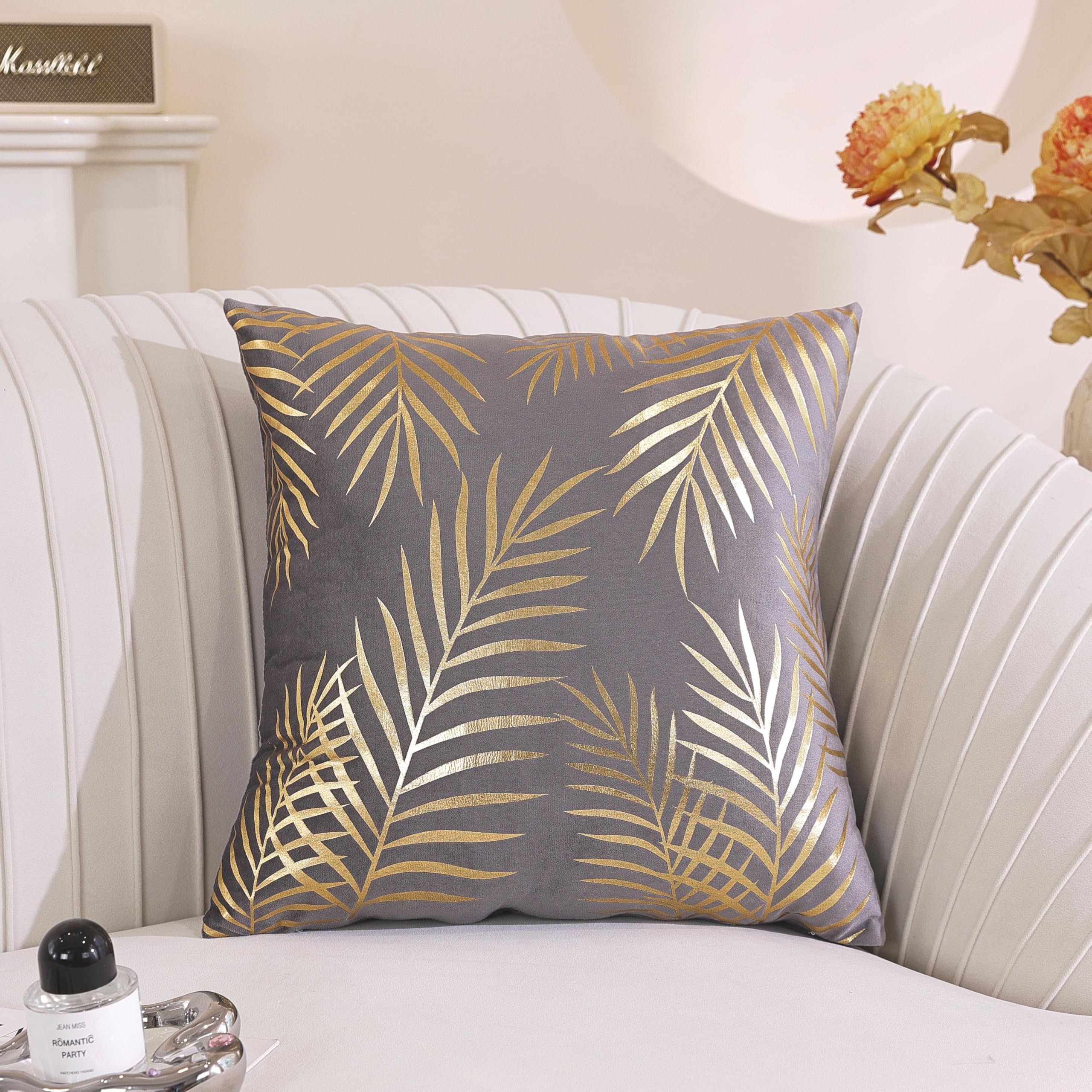 TAOSON Pack of 2,Gold Pillow Covers Velvet Cozy Soft Gold Stamping Leaves Decorative Cozy Soft Throw Pillow Cases Cushion Covers Shells for Sofa Couch Bed Home Decoration 18 x 18 Inches Grey/Gray