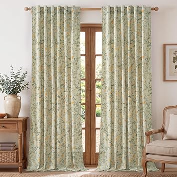 RYB HOME Light Green Floral Velvet Curtains 84 Inch for Bedroom Living Room | Butterfly Print, French Luxury Country Vintage, Light Filtering Drapes for Dining Room Nursery Office, W52 x L84, 2 Panels