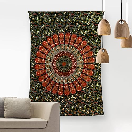 Miniatura 2 de Bless International - Tapiz hippie indio bohemio psicodélico azul dorado pavo real mandala colgante en la pared (verde dorado, póster (29.9 x 39.8