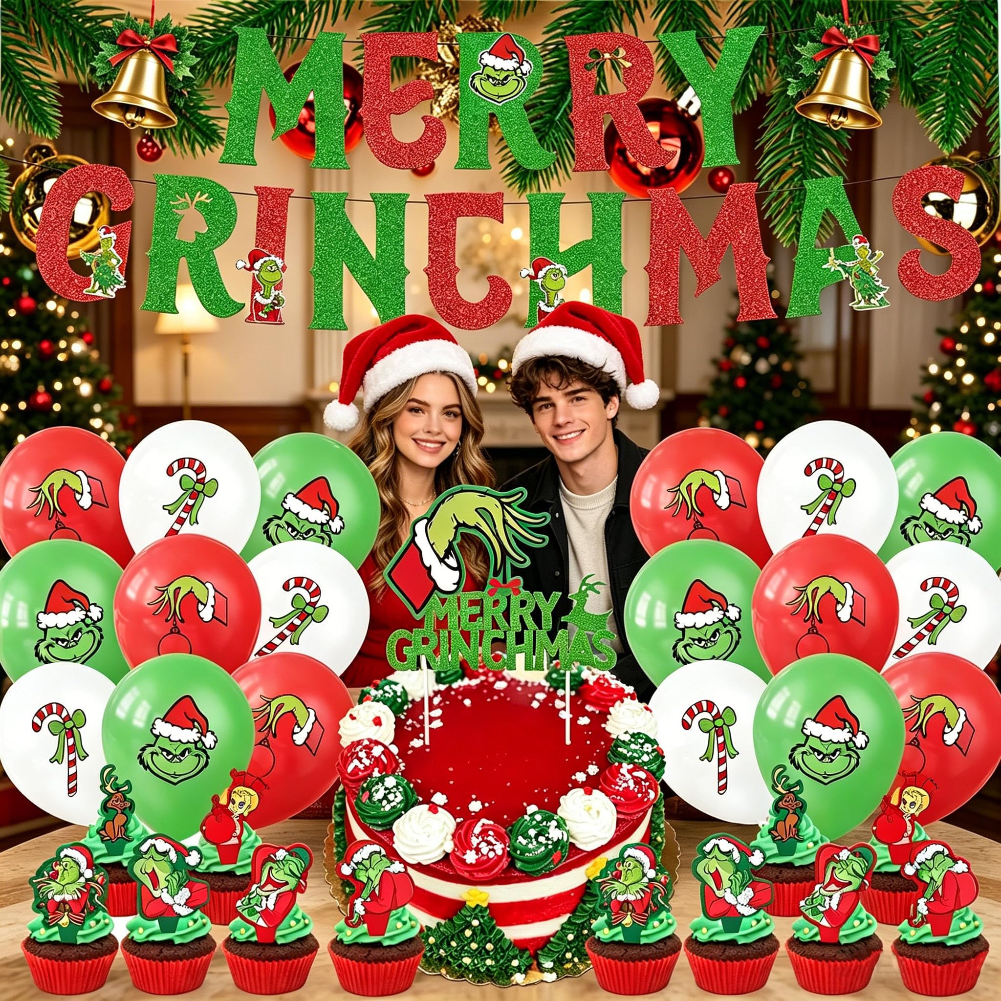 Set di 33 palloncini natalizi decorativi, decorazioni per feste a tema natalizio, palloncini rossi verdi Grinch, striscioni natalizi, kit di posizionamento biglietti