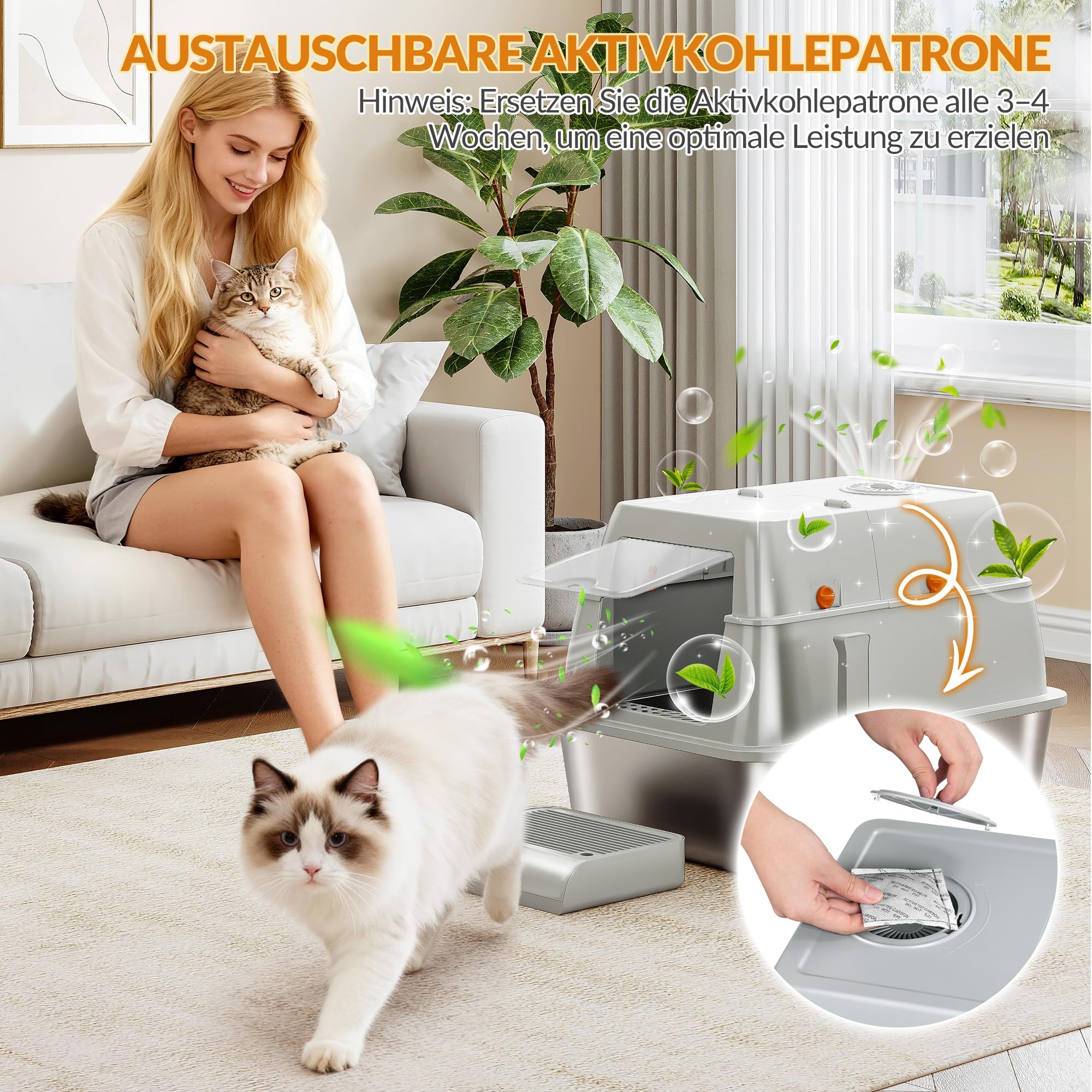Edelstahl Katzenklo mit Deckel XXL, 61 x 41 x 40 cm, Hellgrau | Geschlossene Katzentoilette, 180°Klappdeckel, Inklusive Pedal und Schaufel, Leicht zu Reinigen, Modulares Design FPLB203SG1
