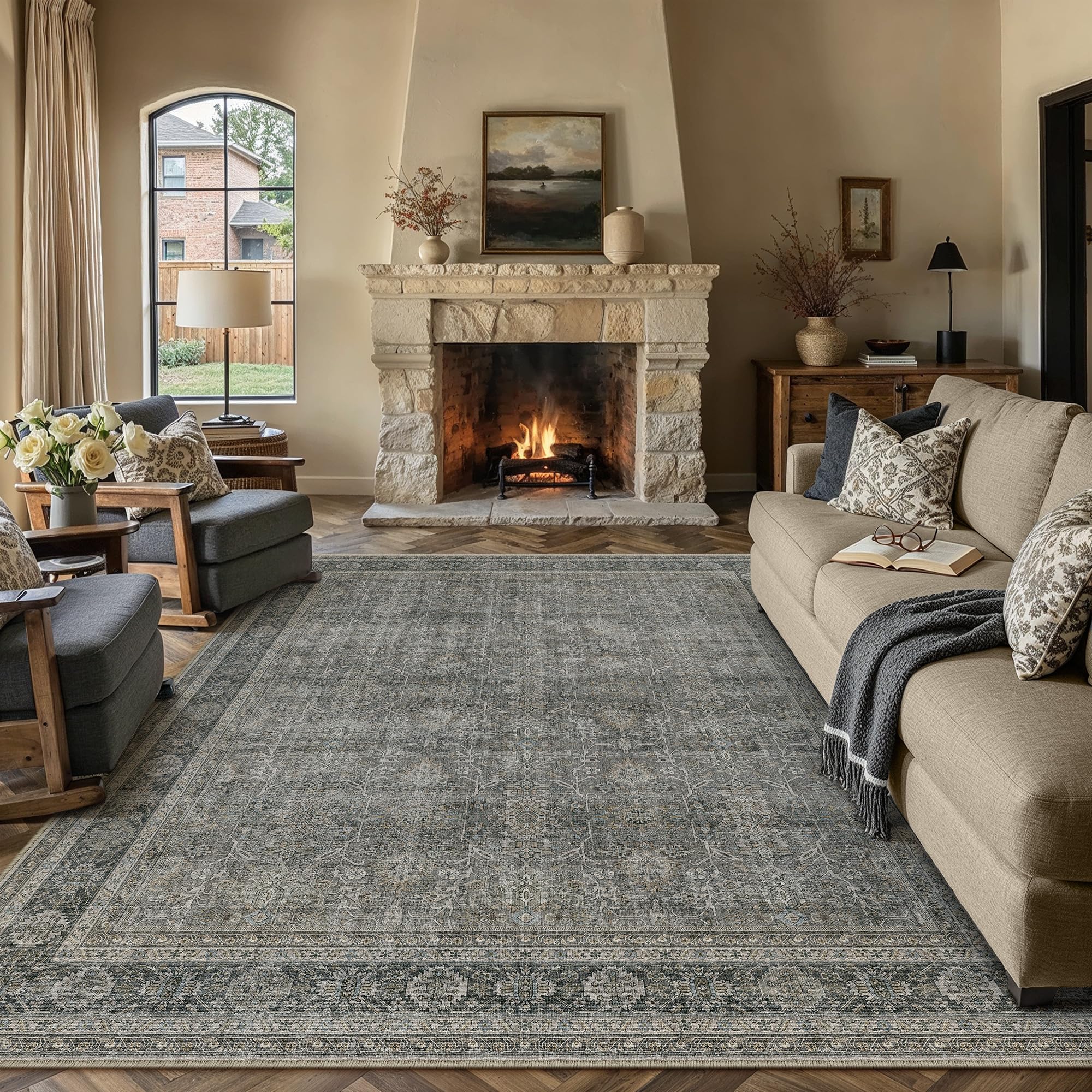 PureCozy Grey Brown Area Rug 5x7 Vintage Traditional Distressed