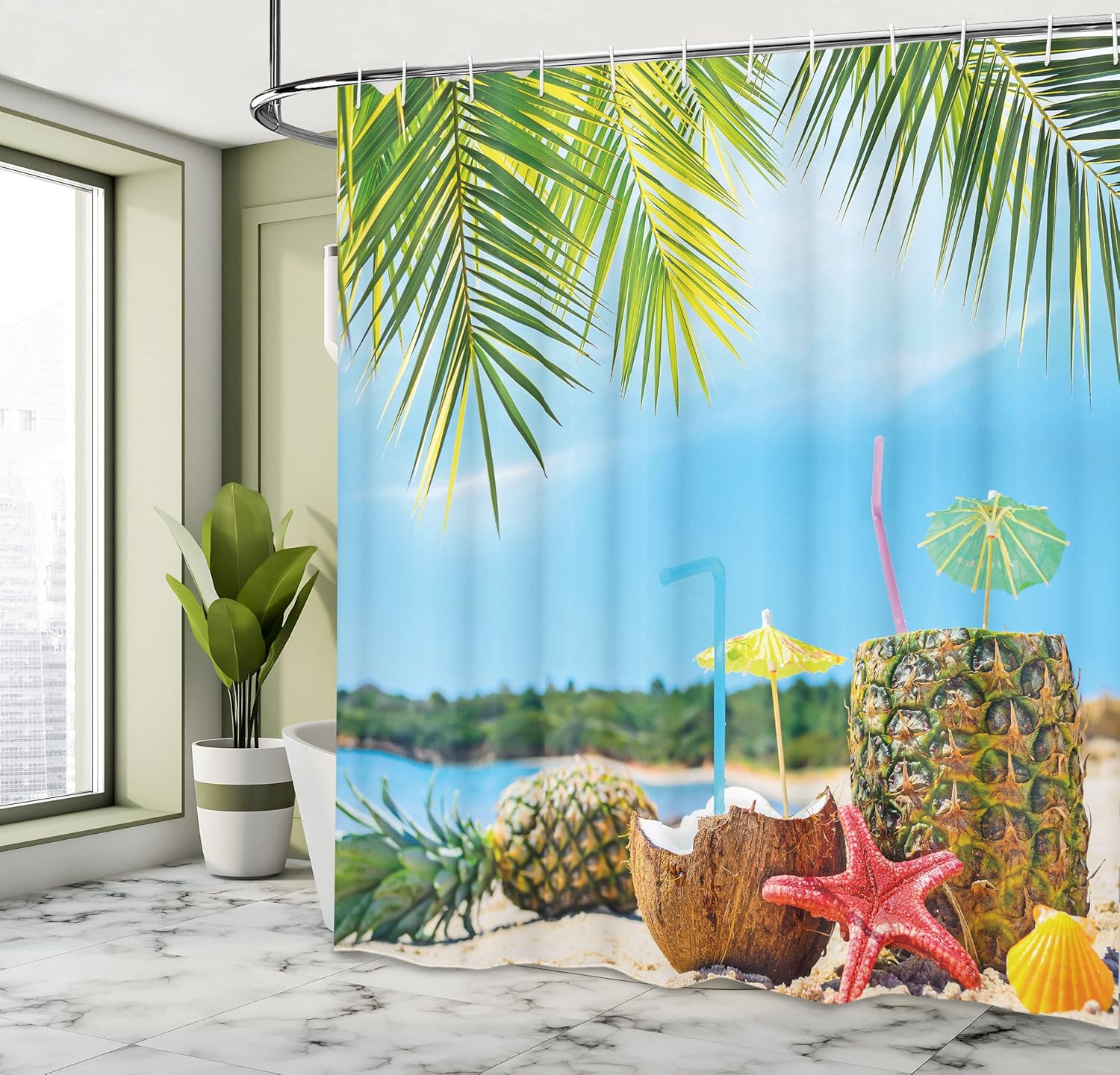 Ambesonne Tropical Shower Curtain, Fresh Summer Fruits Coconut and Pineapple Drinks at Exotic Beach Palm Trees, Cloth Fabric Bathroom Decor Set with Hooks, 69" W x 70" L, Blue Green Brown