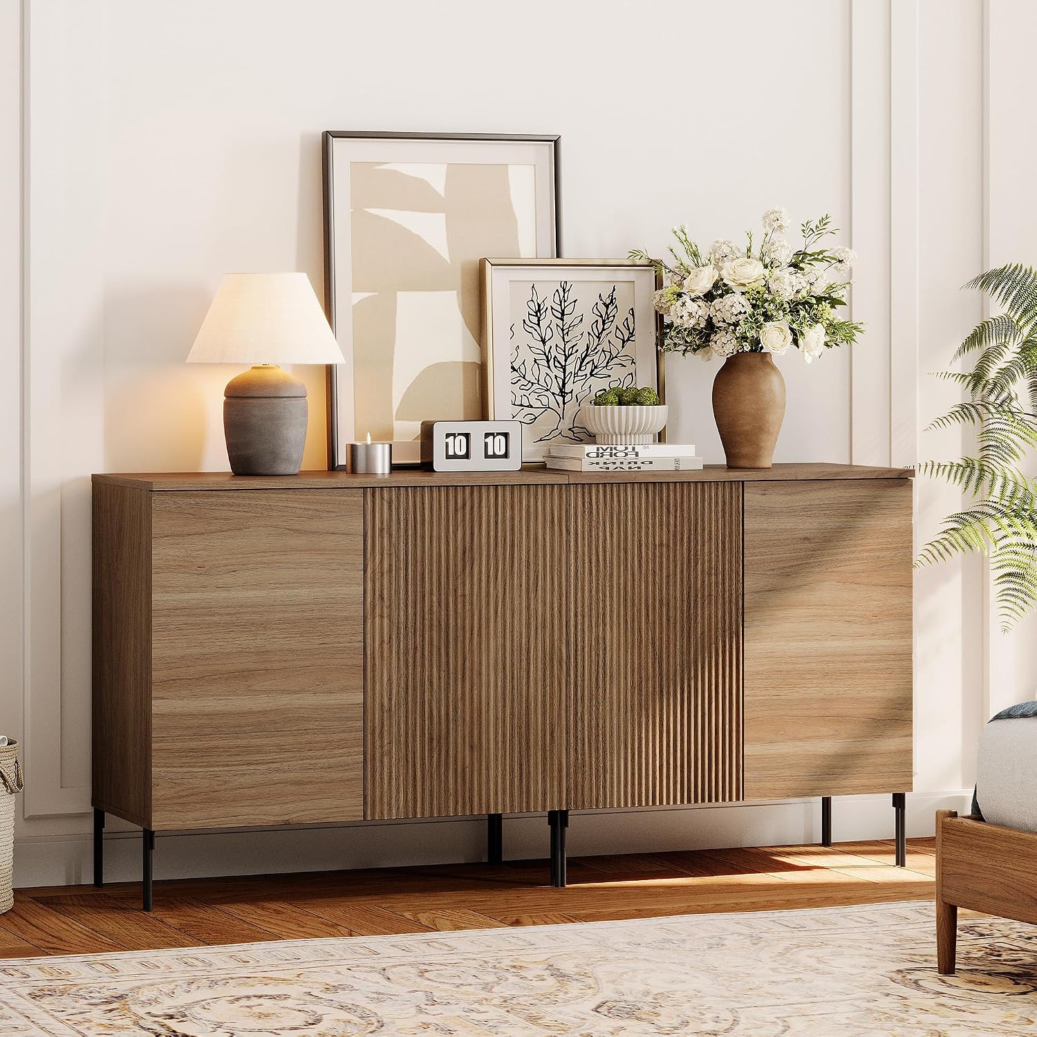 WAMPAT 63" W Fluted TV Stand TVs up to 70",2 in 1 Modern TV Entertainment Center with Storage and Adjustable Shelves, Wood Media TV Consoles Table with Storage for Living Room, Walnut