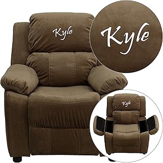 Flash Furniture Brown Microfiber BT-7985-KID-MIC-BRN-TXTEMB-GG: Personalized Deluxe Padded Kids Recliner with Storage Arms