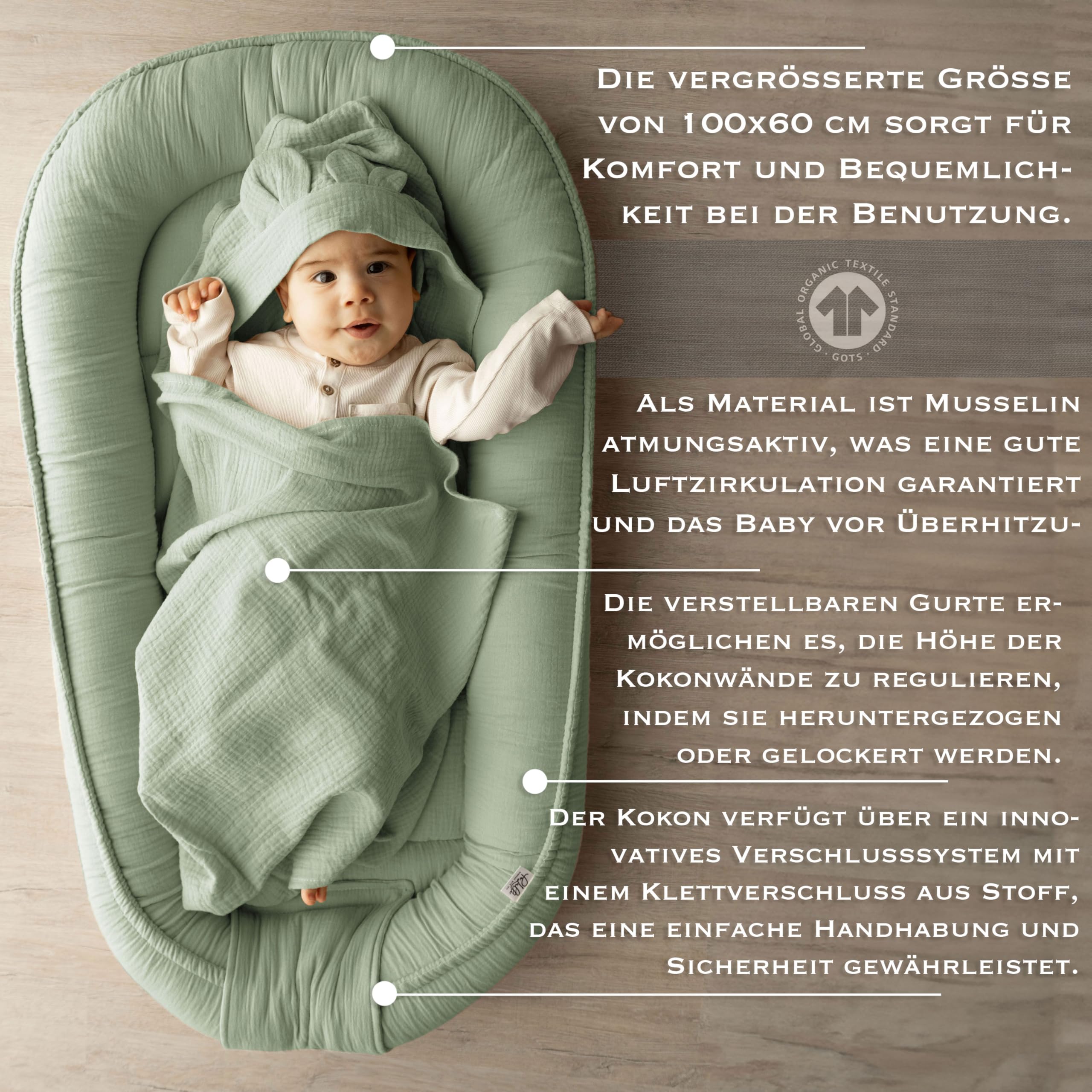 PaLulli® 2-stronne muślinowe gniazdo niemowlęce z chustką, oddychający muślin – ręcznik z kapturem i wszytymi uszami, 100% muślinu Oeko Tex, przytulne gniazdo kokon do łóżeczka dziecięcego (szałwia