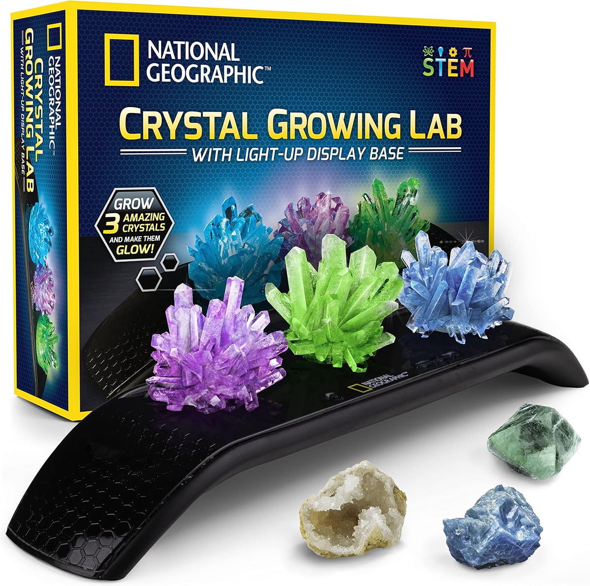Kit de cultivo de cristales National Geographic con 3 cristales para niños de 8 a 12 años | Cultive 3 cristales vibrantes, exhibición nocturna iluminada, 3 especímenes de gemas reales, experimento científico, aprendizaje STEM, regalo de cumpleaños