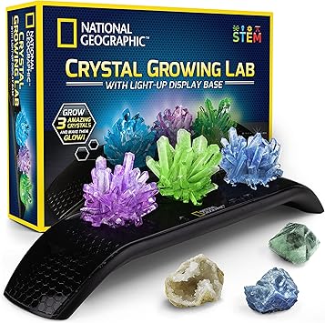 National Geographic Crystal Growing Kit - 3 Vibrant Colored Crystals to Grow with Light-Up Display Stand, Science Toy for Girls and Boys Ages 8-12, Includes 3 Gems, Cool STEM Gift