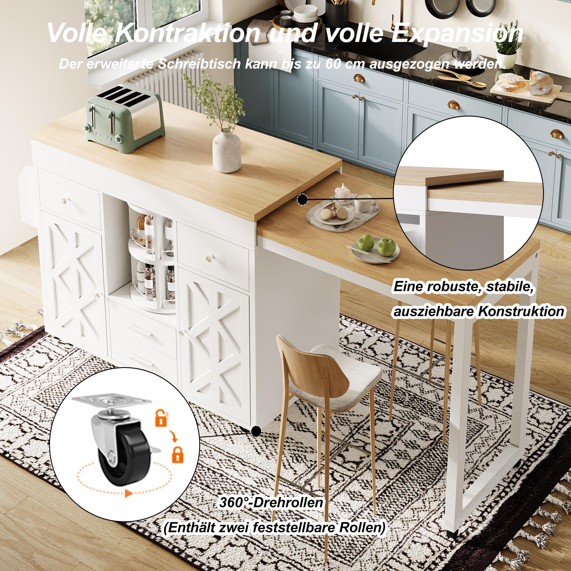 Moderno tavolo da bar allungabile, carrello da cucina e carrello da portata con piano estensibile, organizer girevole a 360°, ripiani regolabili, ruote e portasciugamani, ideale per piccoli spazi